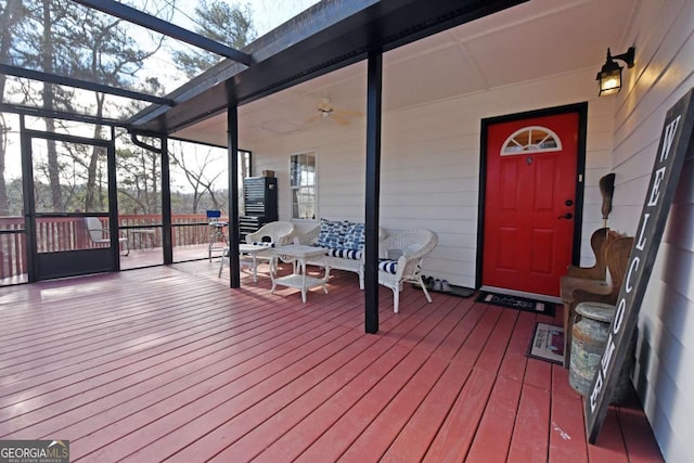 wooden terrace with a lanai