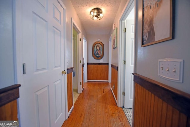 106 Opaque Way, Ellijay, GA 30540 - corridor featuring a textured ceiling, light wood-style floors, and a wainscoted wall