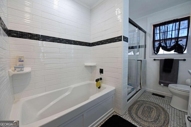 full bath featuring visible vents, a shower stall, tile patterned floors, toilet, and a washtub