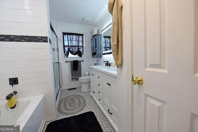 full bath featuring toilet, vanity, tile patterned floors, an enclosed shower, and tile walls