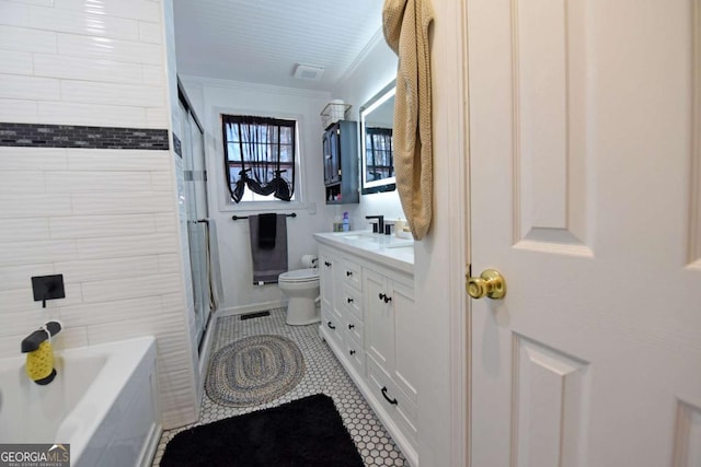 106 Opaque Way, Ellijay, GA 30540 - bathroom with a stall shower, vanity, ornamental molding, tile patterned floors, and a bathtub