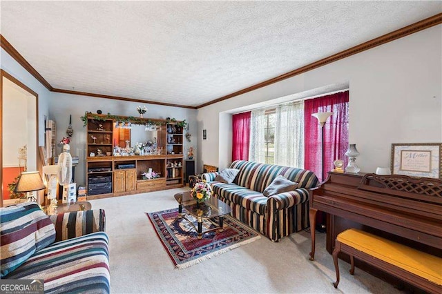 carpeted living room with a textured ceiling and ornamental molding