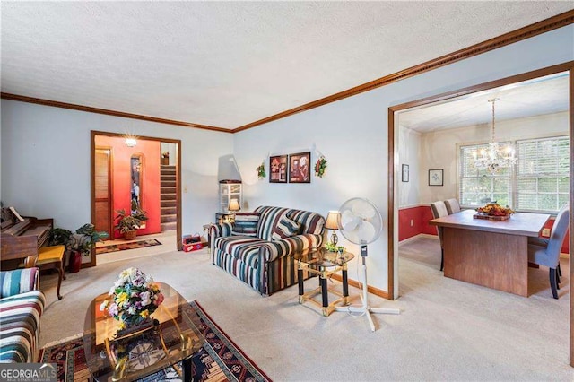 carpeted living room with an inviting chandelier, crown molding, baseboards, and a textured ceiling