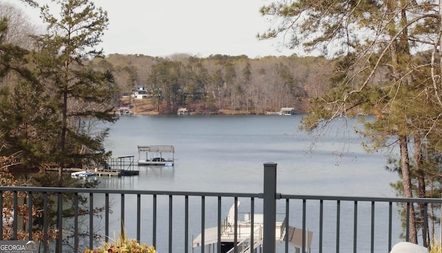 view of water feature featuring a dock and a view of trees