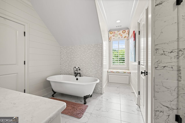 full bathroom with a soaking tub, visible vents, and marble finish floor