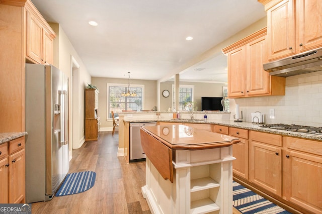kitchen featuring stainless steel appliances, a peninsula, light wood-style flooring, a sink, and tasteful backsplash
