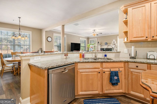 kitchen with stainless steel dishwasher, a sink, ceiling fan with notable chandelier, light stone counters, and open shelves