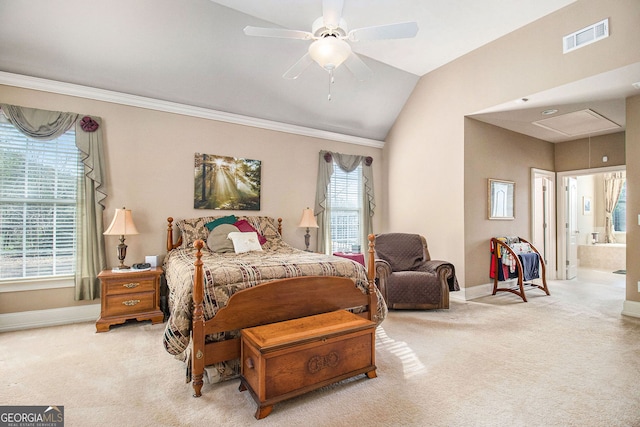 carpeted bedroom with attic access, visible vents, baseboards, and ornamental molding
