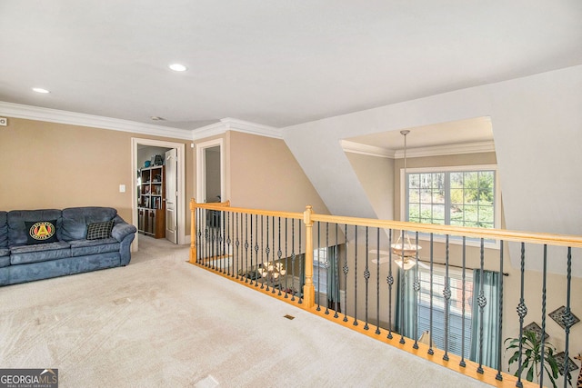 sitting room featuring recessed lighting, carpet floors, and ornamental molding