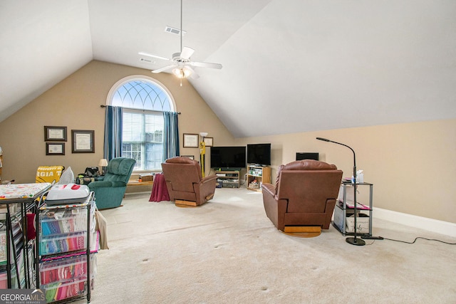 bonus room with lofted ceiling, a ceiling fan, visible vents, and carpet