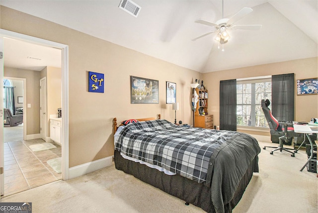 carpeted bedroom with visible vents, baseboards, a ceiling fan, and vaulted ceiling