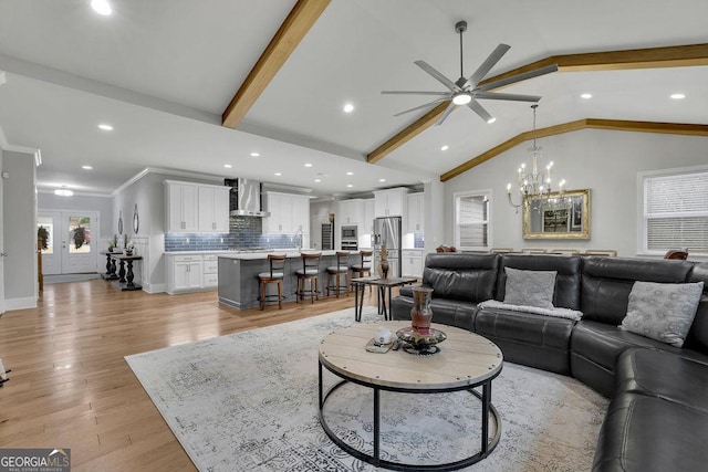 living room featuring recessed lighting, light wood-style flooring, vaulted ceiling with beams, and ornamental molding