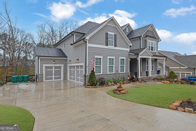 craftsman inspired home featuring concrete driveway, brick siding, a front lawn, and a shingled roof