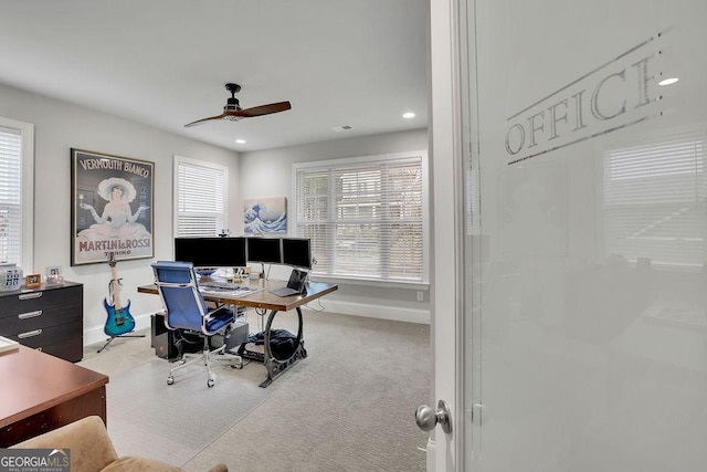 carpeted office featuring recessed lighting, ceiling fan, visible vents, and baseboards