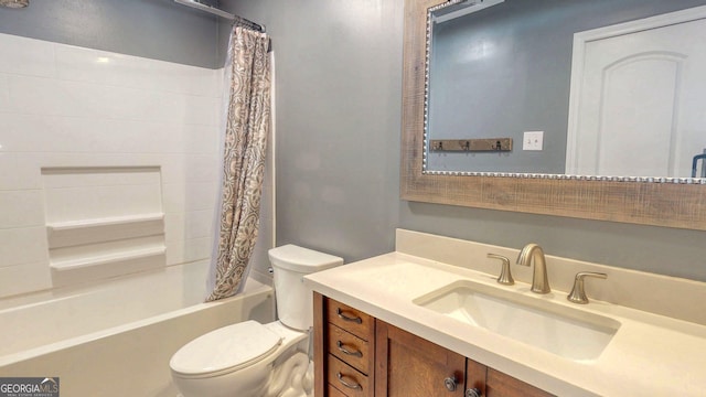 full bath featuring shower / bathtub combination with curtain, toilet, and vanity