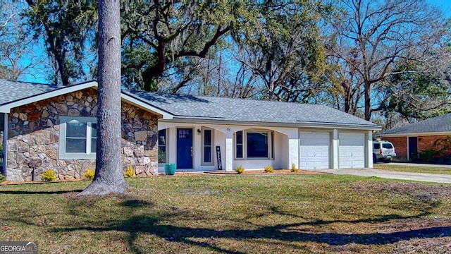 view of front of property featuring stucco siding, stone siding, concrete driveway, an attached garage, and a front yard