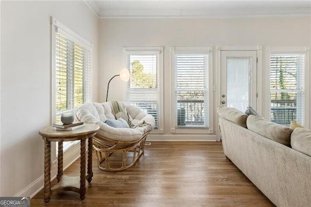 sitting room featuring baseboards, wood finished floors, and crown molding