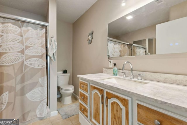 bathroom with tile patterned floors, visible vents, toilet, a shower stall, and vanity