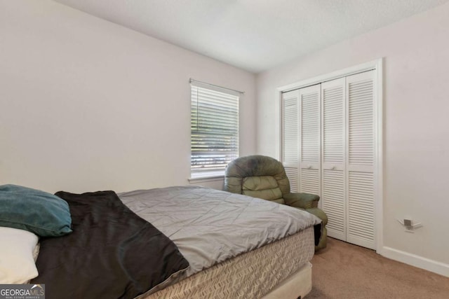 bedroom featuring baseboards, carpet floors, and a closet