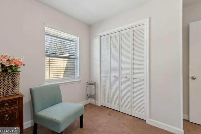 living area featuring carpet and baseboards