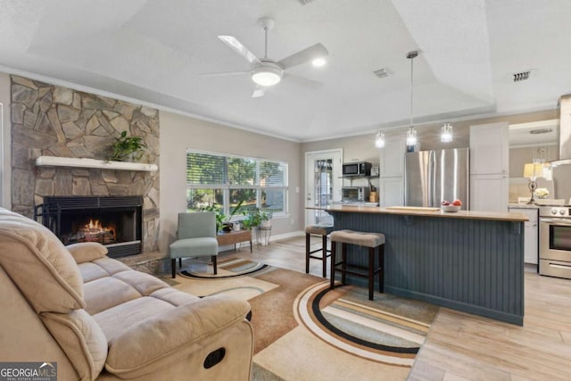 living area featuring light wood-type flooring, visible vents, a raised ceiling, and a stone fireplace