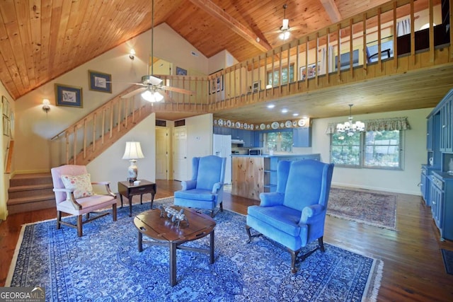 living room with dark wood-type flooring, baseboards, stairway, wood ceiling, and ceiling fan with notable chandelier