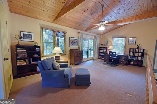 carpeted office space featuring a ceiling fan, wooden ceiling, and vaulted ceiling with beams