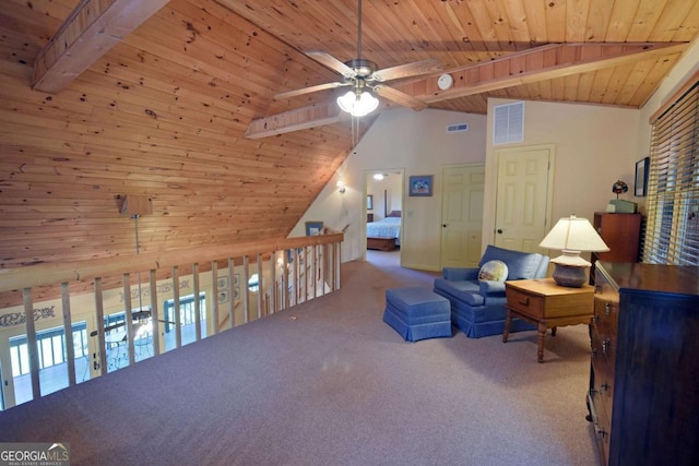 sitting room with visible vents, wood ceiling, lofted ceiling with beams, carpet flooring, and a ceiling fan