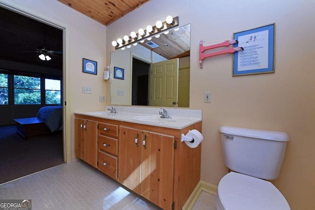 ensuite bathroom featuring a sink, toilet, wood ceiling, and double vanity