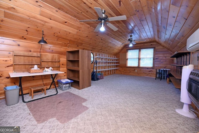 interior space with a wall unit AC, vaulted ceiling, wood ceiling, wood walls, and carpet flooring