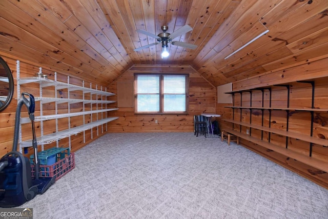 additional living space with lofted ceiling, wood walls, and wooden ceiling