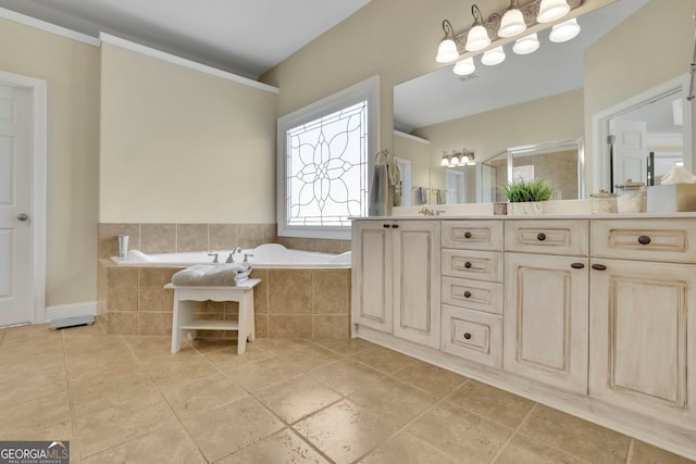 bathroom featuring vanity, a garden tub, a shower with shower door, and tile patterned flooring