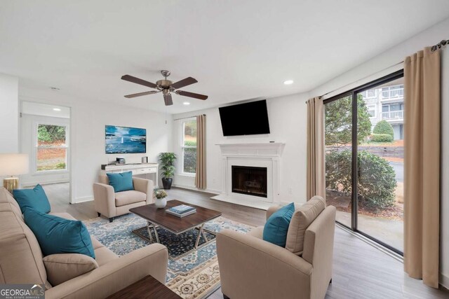 living room featuring a wealth of natural light, light wood finished floors, and a fireplace