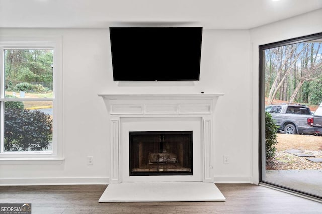 details with a fireplace with raised hearth, baseboards, and wood finished floors