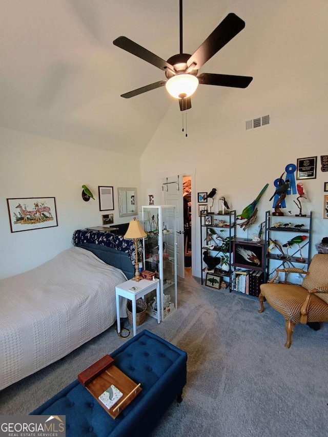 bedroom featuring visible vents, carpet floors, ceiling fan, and vaulted ceiling