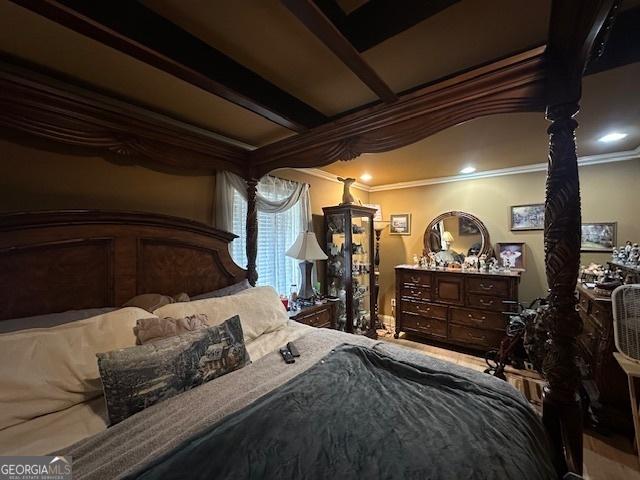 bedroom featuring crown molding, recessed lighting, and beam ceiling