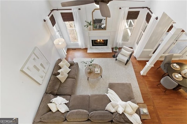 living room featuring wood finished floors and a glass covered fireplace