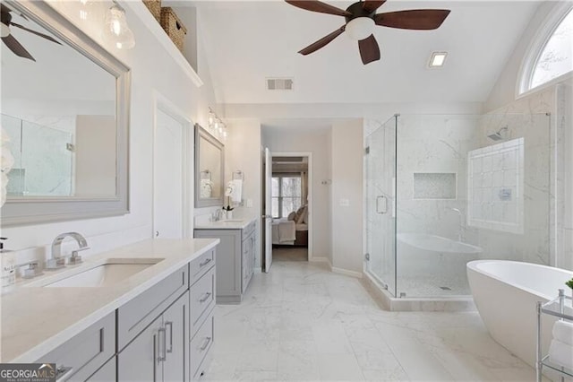 full bathroom with a sink, visible vents, marble finish floor, and a shower stall