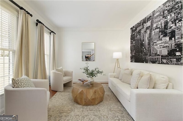 living room featuring baseboards, wood finished floors, and crown molding