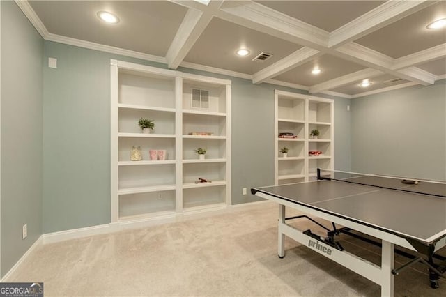 game room featuring beam ceiling, carpet, visible vents, and coffered ceiling