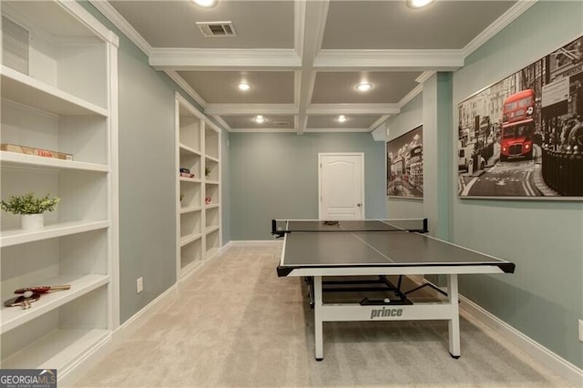 game room featuring carpet flooring, baseboards, visible vents, and coffered ceiling