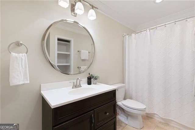 full bath with crown molding, toilet, a shower with shower curtain, tile patterned floors, and vanity