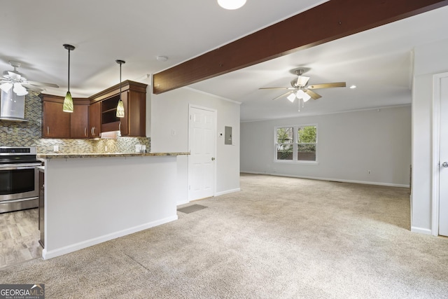 kitchen featuring beamed ceiling, backsplash, stainless steel range with electric cooktop, and ceiling fan