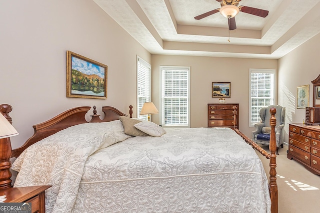 bedroom featuring carpet flooring, a raised ceiling, and a ceiling fan