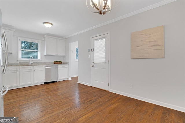 kitchen with a sink, stainless steel dishwasher, dark wood-style floors, and white cabinetry