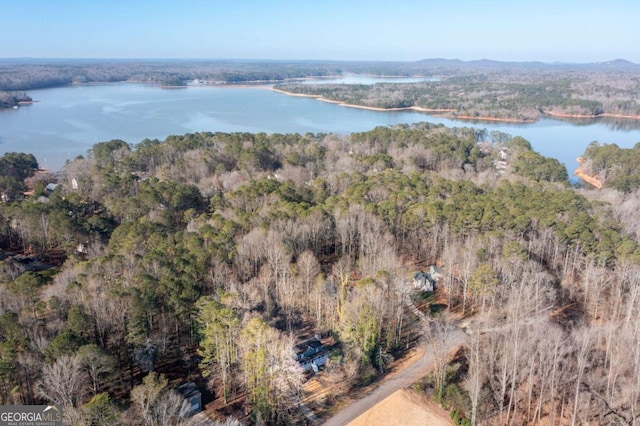 aerial view featuring a wooded view and a water view