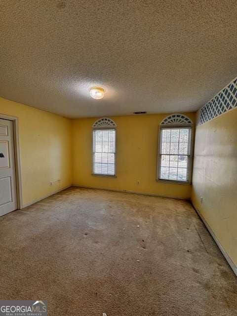 empty room featuring carpet and a textured ceiling