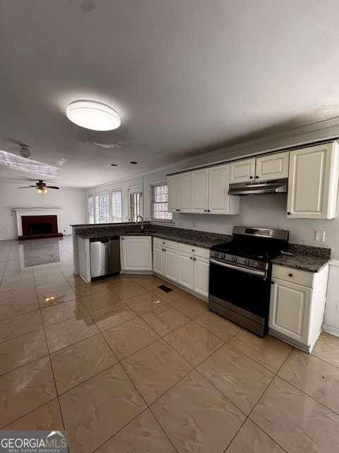 kitchen featuring dark countertops, under cabinet range hood, a peninsula, stainless steel appliances, and a sink