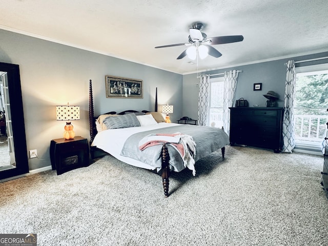 bedroom featuring crown molding, carpet floors, and multiple windows
