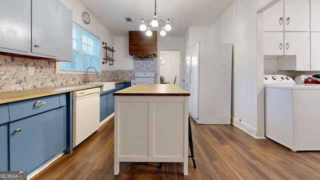 kitchen featuring a sink, white appliances, butcher block counters, custom range hood, and blue cabinets